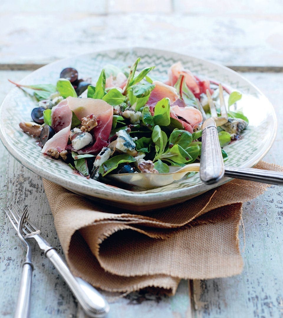 image of Grape, Parma Ham, Blue Cheese and Walnut Salad recipe by Delicious Magazine