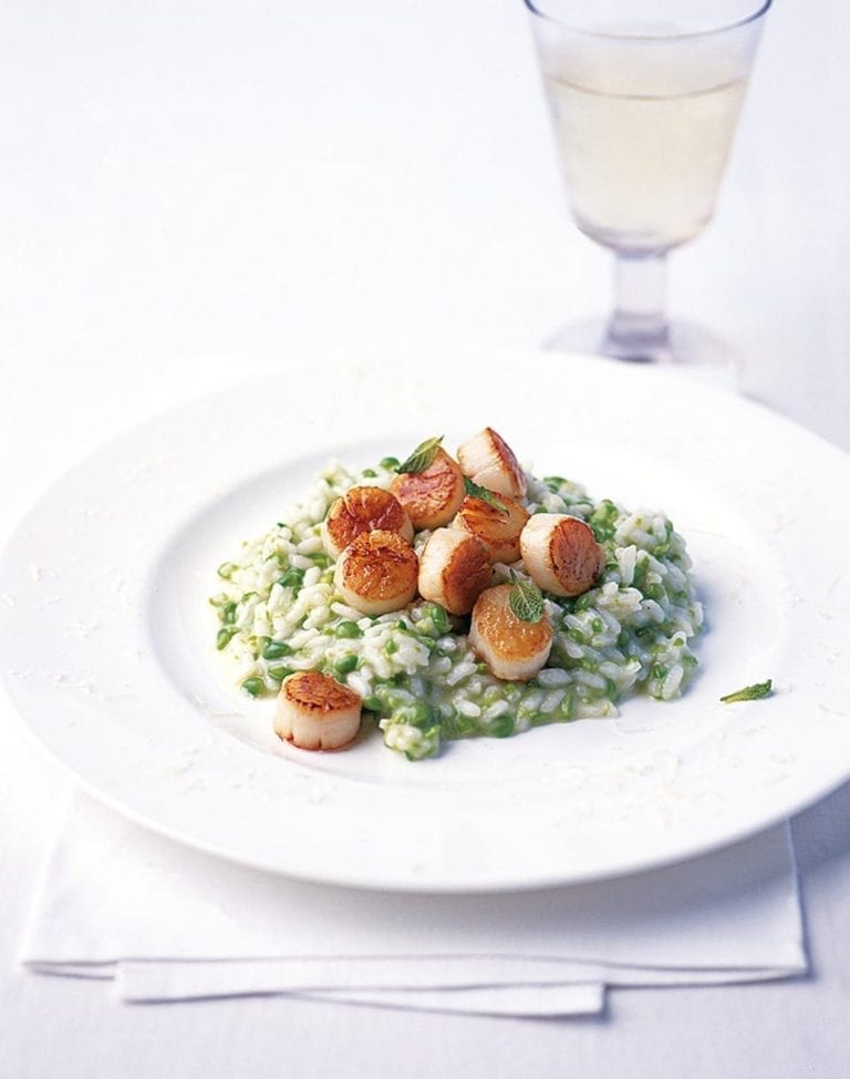 Seared scallops on pea and mint risotto