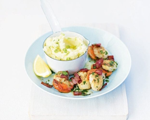 Scallops and bacon with spring onion mash