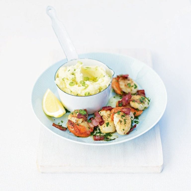 Scallops and bacon with spring onion mash
