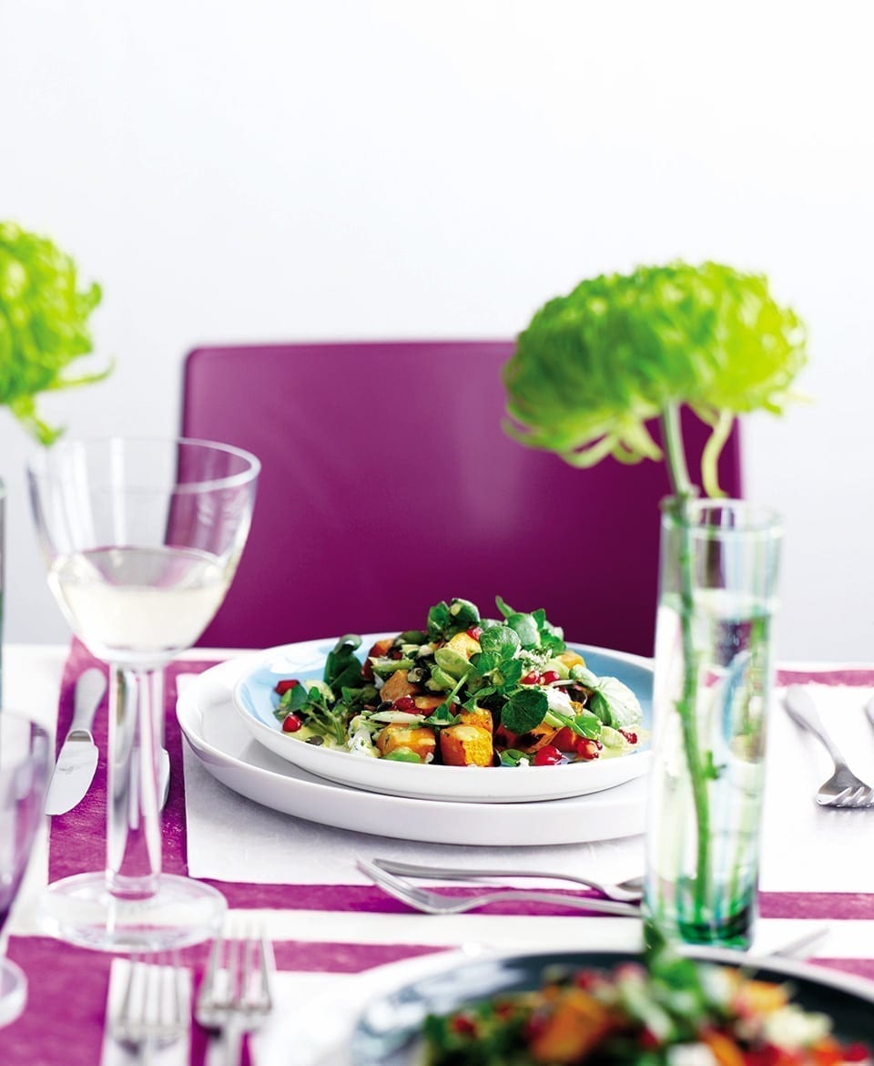 Pomegranate salad with a saffron tahini dressing recipe | delicious. magazine