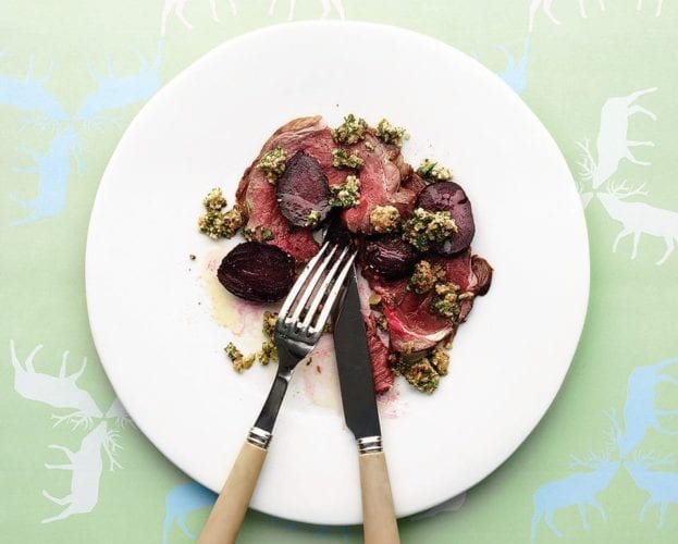 Pan-fried venison with squash and sweet potato