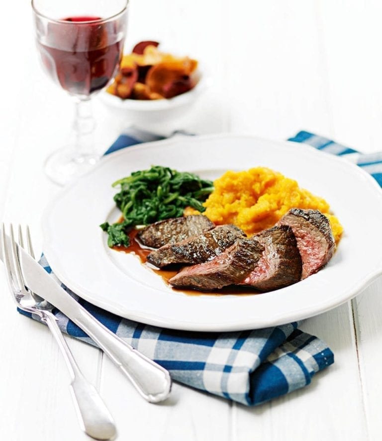 Pan-fried venison with squash and sweet potato