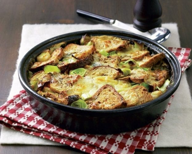 Silton and leek bread and butter bake