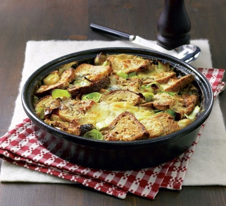 Stilton and leek bread and butter bake