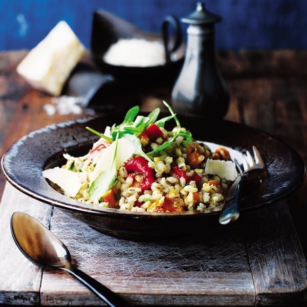 Pearl barley risotto with roasted squash, red peppers and rocket