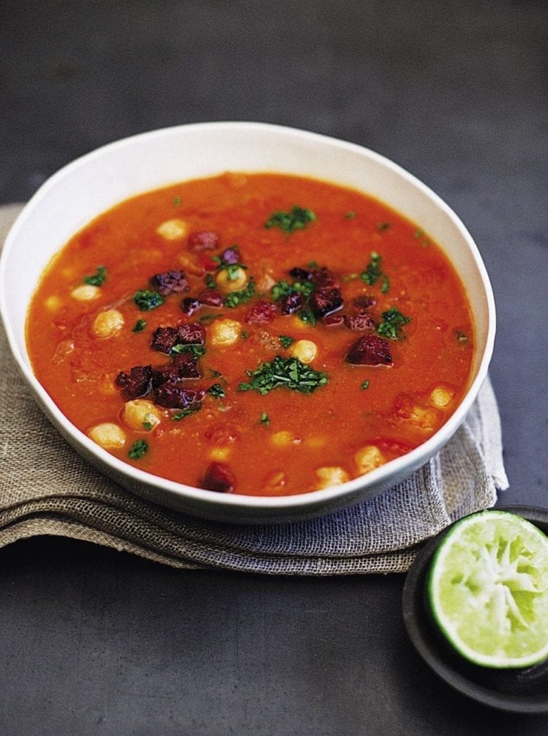Chickpea and tomato soup with chorizo and green chilli