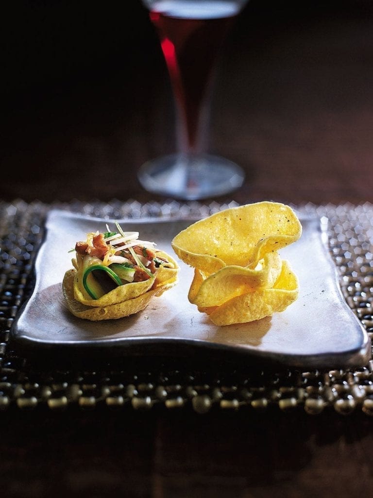 Tamarind duck on mini poppadums