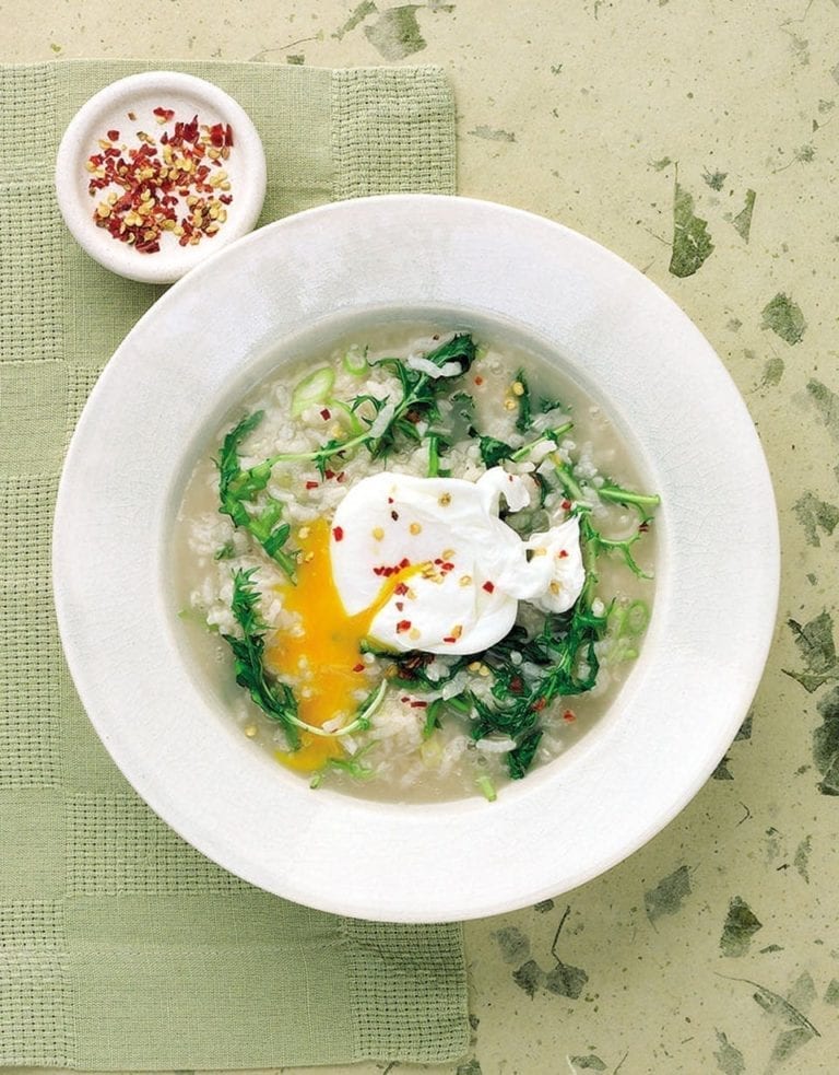 Congee with eggs and greens