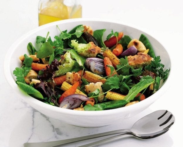 Warm baby veg salad with goat’s curd and sherry vinaigrette