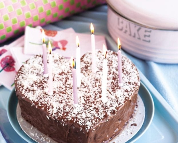 Chocolate and coconut heart-shaped cake
