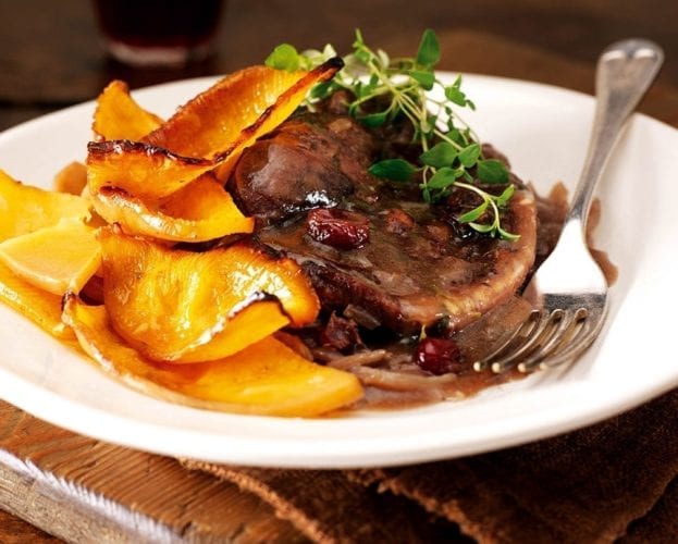Smoked gammon with swede and potato bake