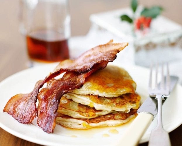 Rachel Allen’s pancakes with bacon and maple syrup