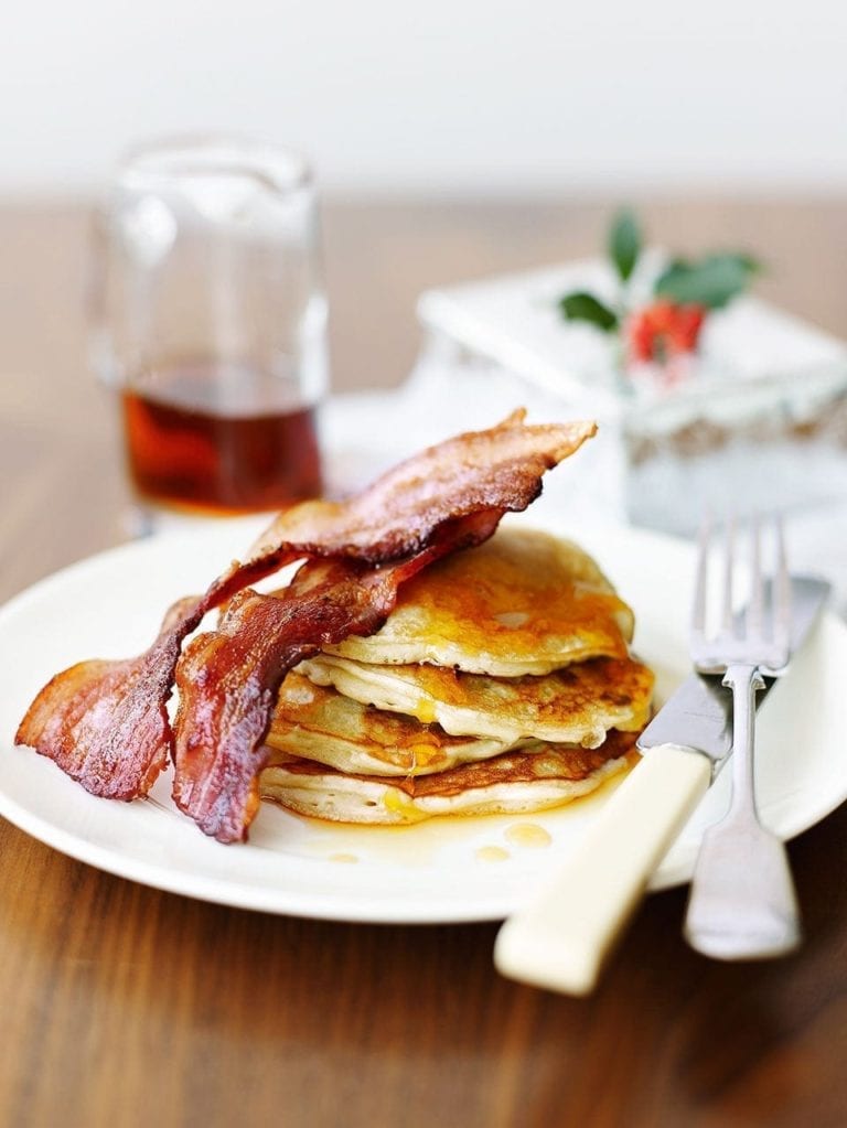 Rachel Allen’s pancakes with bacon and maple syrup