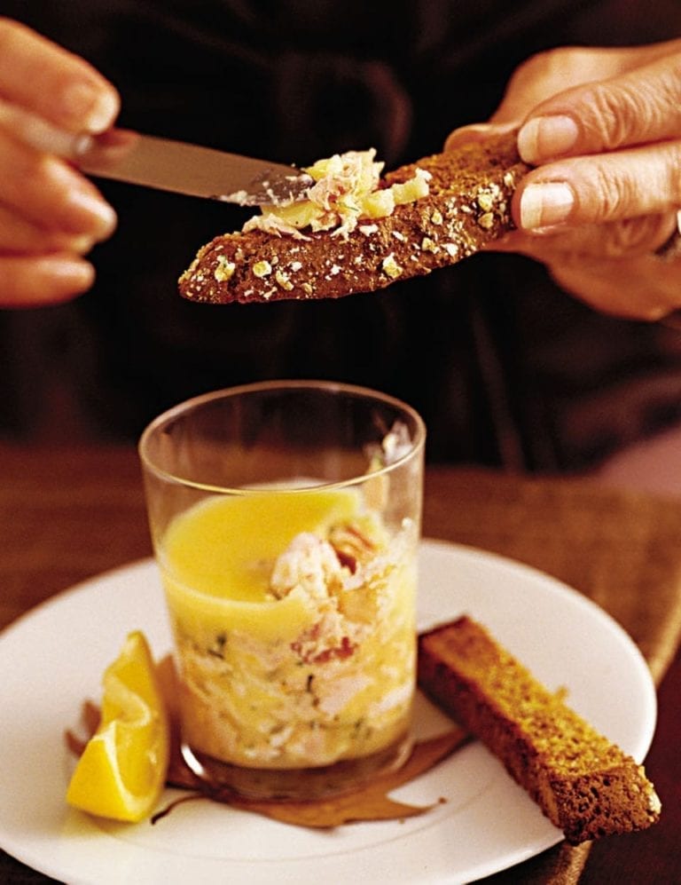 Buttered sea trout and prawn pots with dill and soda bread toast