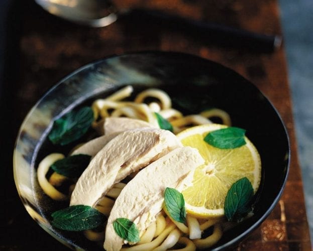 Chicken noodle soup with mint and lemon