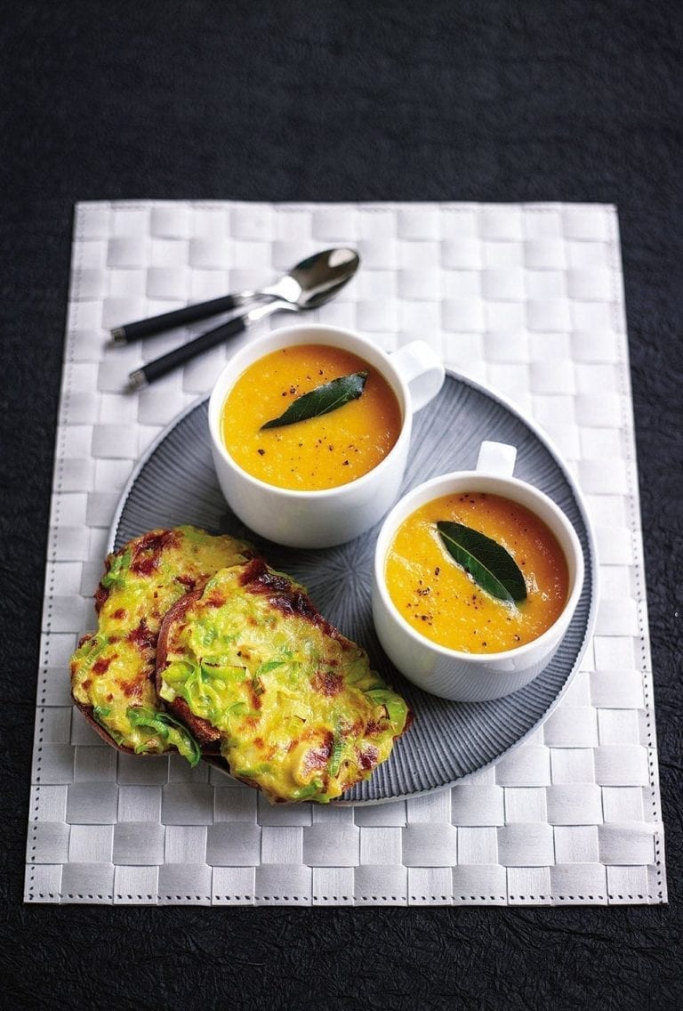Carrot soup and Welsh rarebit with mustard and leeks