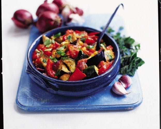 Ratatouille in a blue bowl