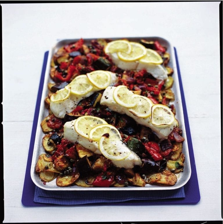 Halibut, ratatouille and new potato traybake