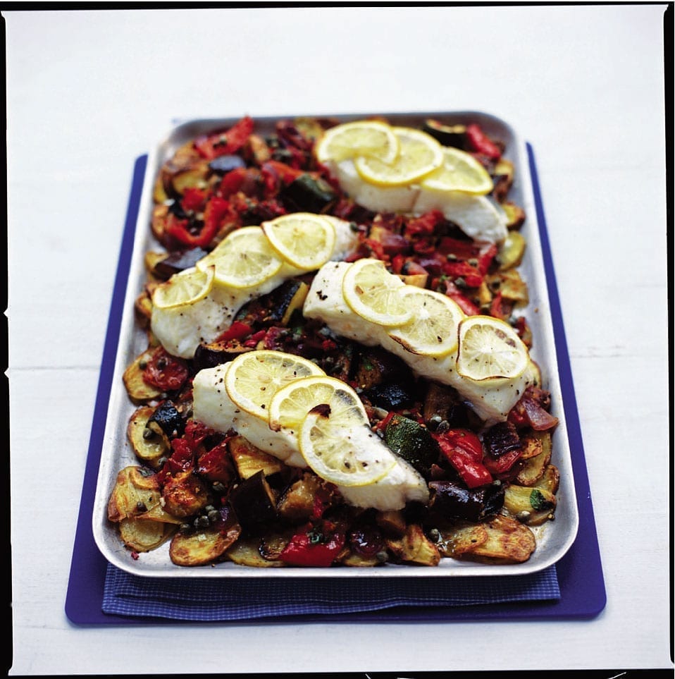 Halibut, ratatouille and new potato tray bake recipe | delicious. magazine