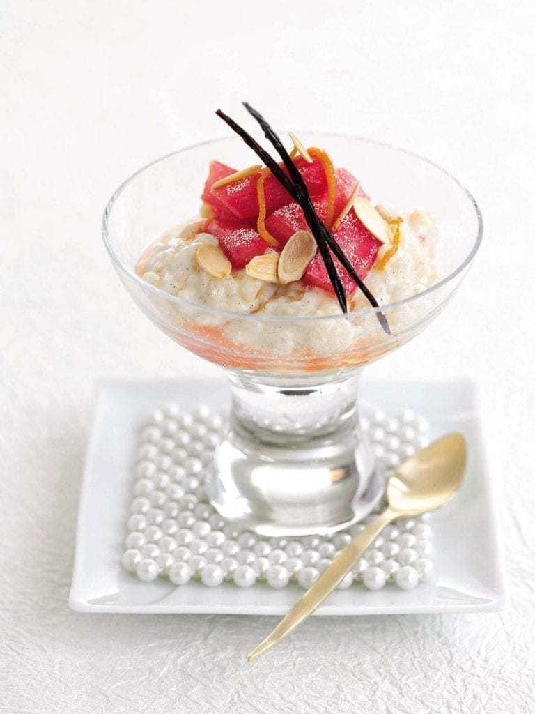 Creamy rice pudding with poached rhubarb