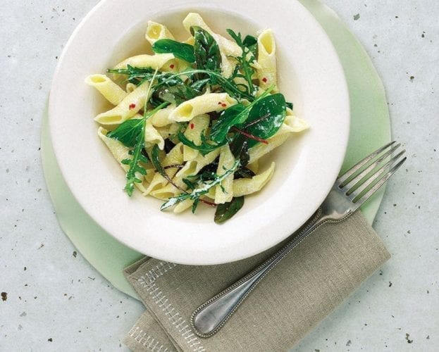 Pasta with crispy bacon, courgette and herbs