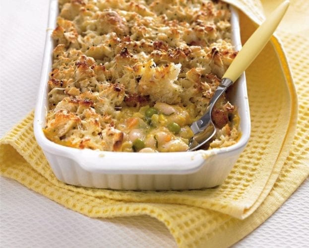 Vegetable bake with garlic bread topping