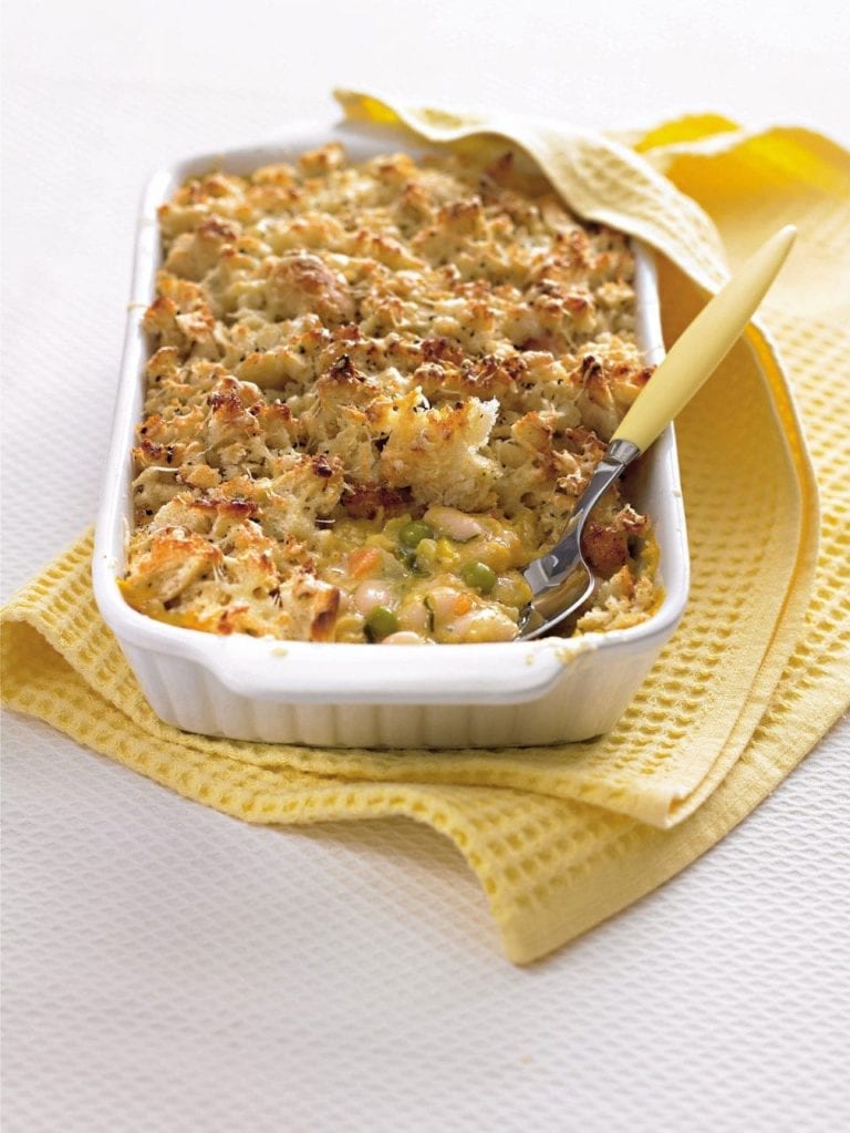 Vegetable bake with garlic bread topping