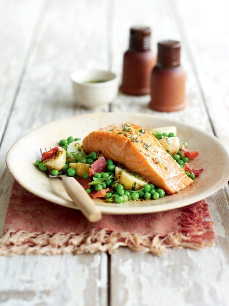 Warm salmon salad with potatoes, bacon and tarragon vinaigrette