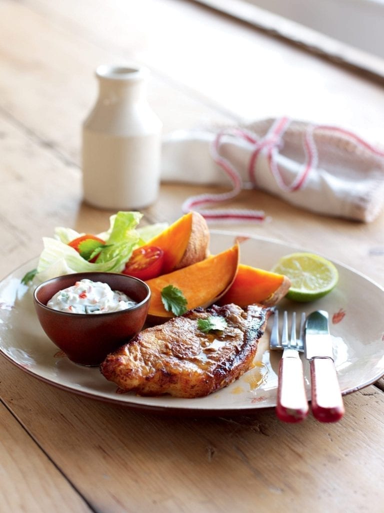 Mexican-style pork with sweet potatoes and lime yogurt