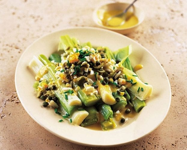 Charred leek, pearl barley and cheshire cheese salad