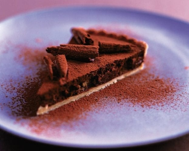 Chocolate, hazelnut and cherry tart with burnt meringue