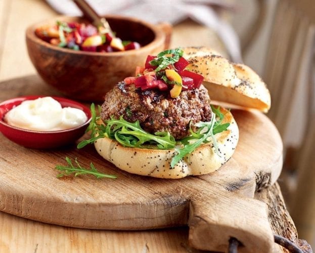 Beef burgers with smoky sweet potato wedges
