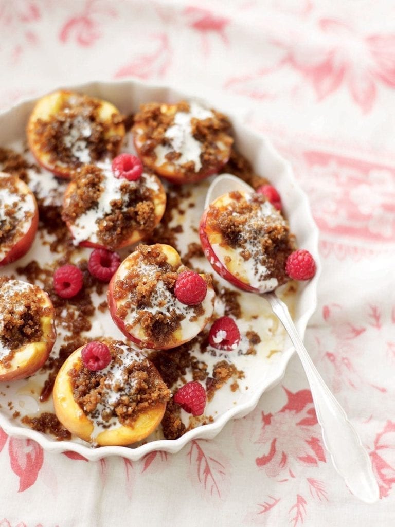 Rum-soaked peaches with Jamaican ginger cake