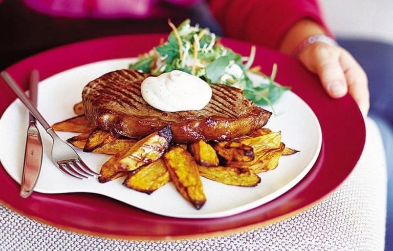 Steak with Boursin and sweet potato oven chips