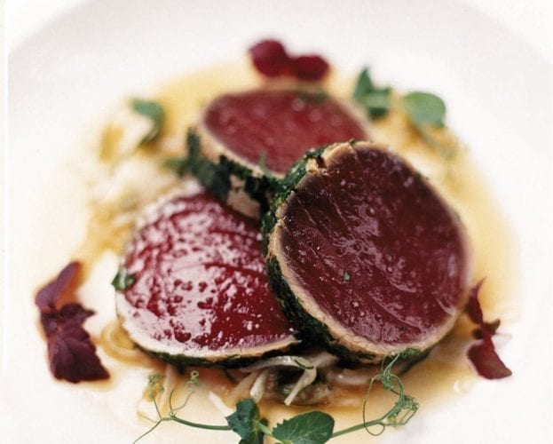 Herb-crusted loin of tuna with mooli