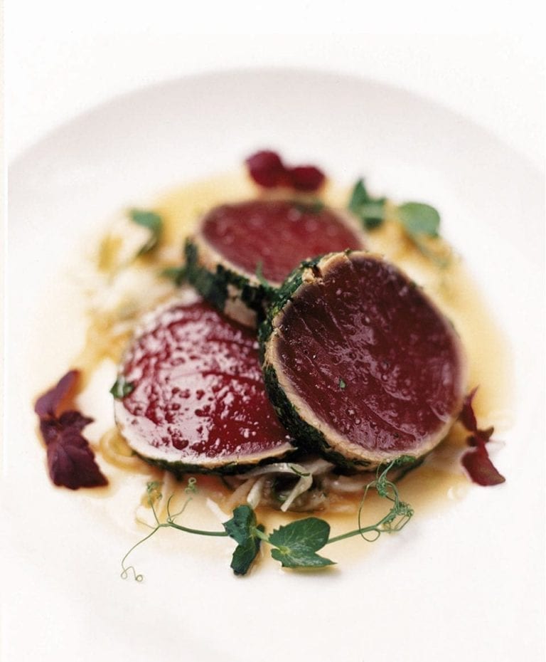 Herb-crusted loin of tuna with mooli