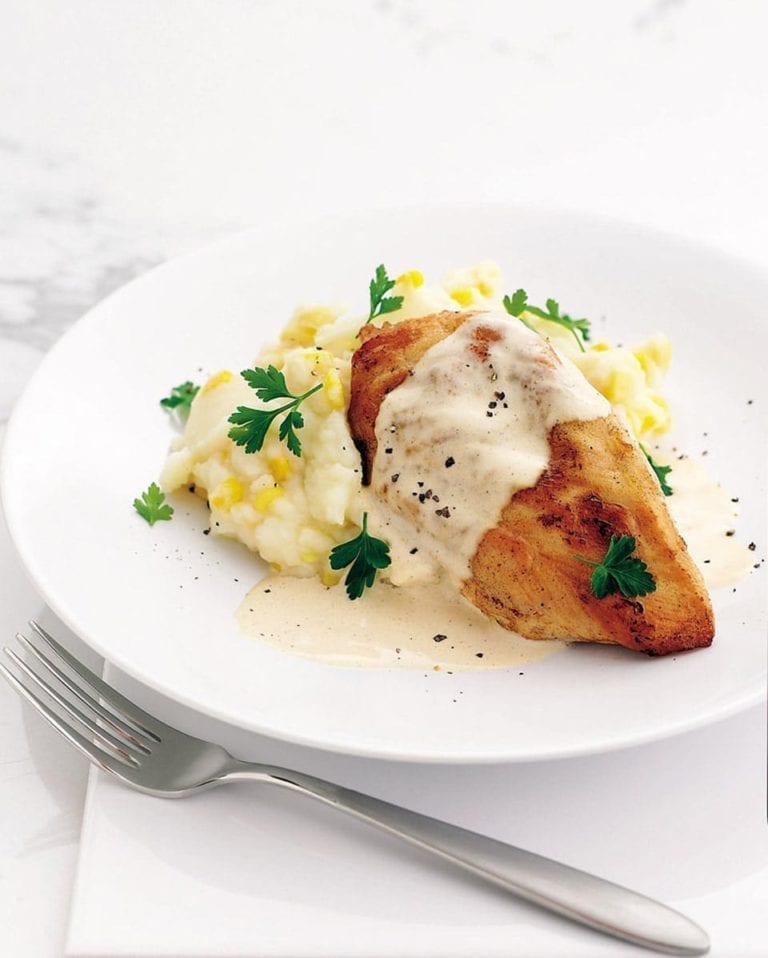 Cheat’s southern fried chicken with cream gravy and sweetcorn mash