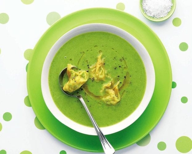 Crab dumplings in pea broth