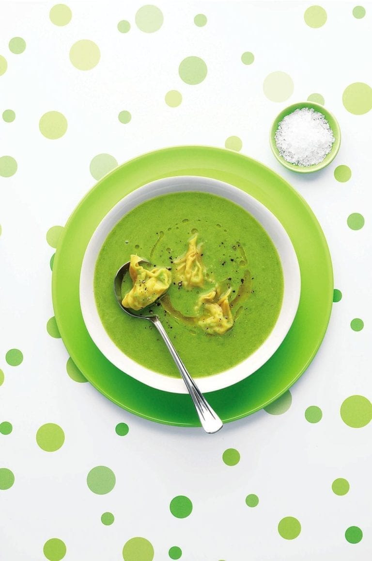 Crab dumplings in pea broth