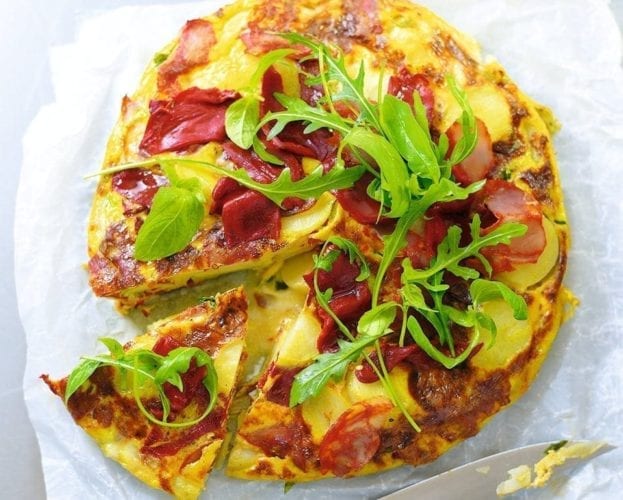Spicy salami, roasted pepper and taleggio frittata