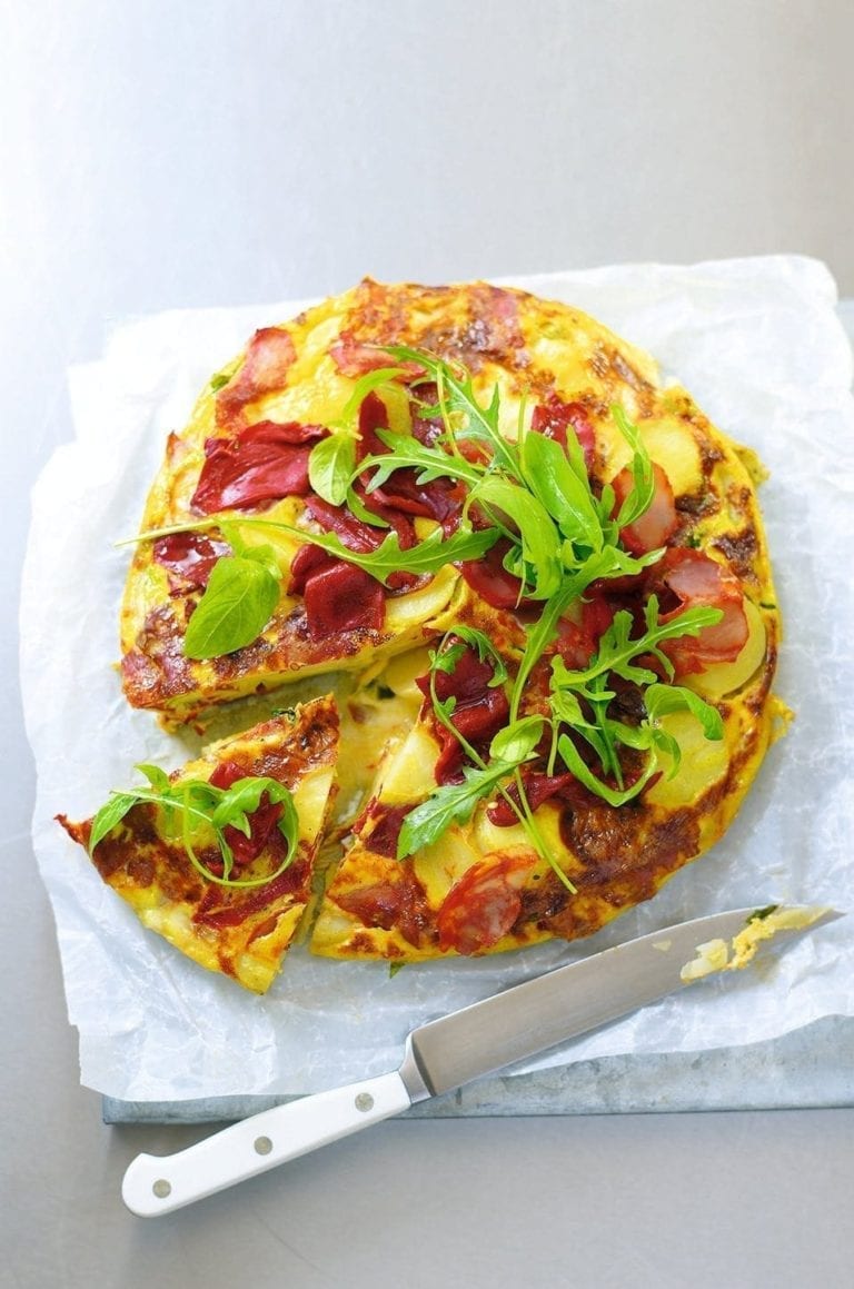 Spicy salami, roasted pepper and taleggio frittata