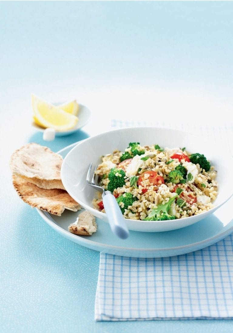 Feta, broccoli and mixed seed bulgur wheat salad