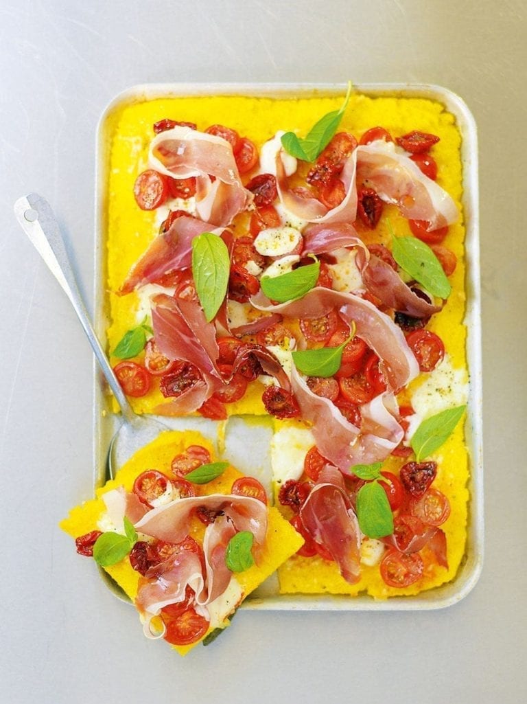 Polenta, tomato and prosciutto bake