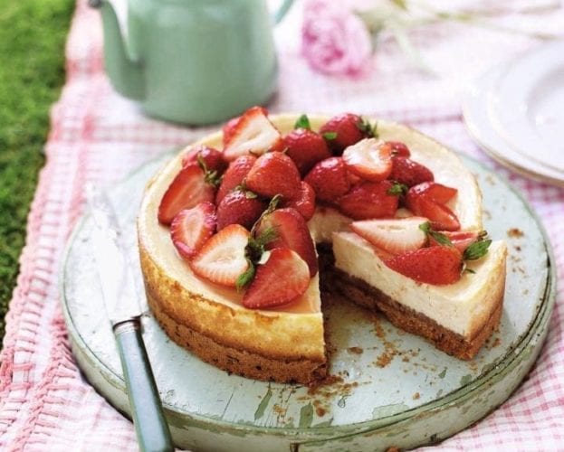 Strawberry cheesecake on a picnic table