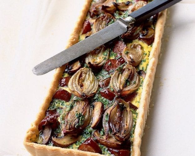 Roasted shallot, mushroom and smoked sausage tart
