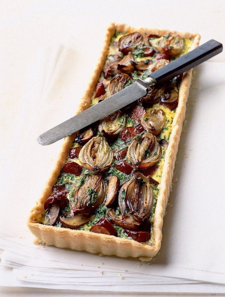 Roasted shallot, mushroom and smoked sausage tart