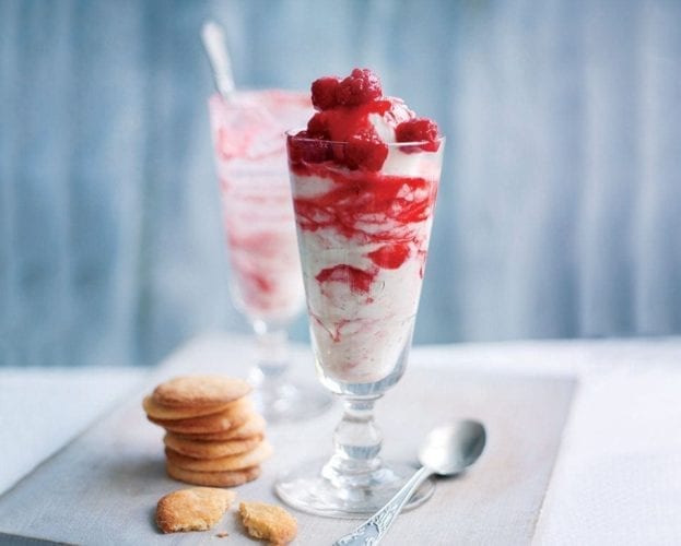 Raspberry fool sundaes with elderflower thins