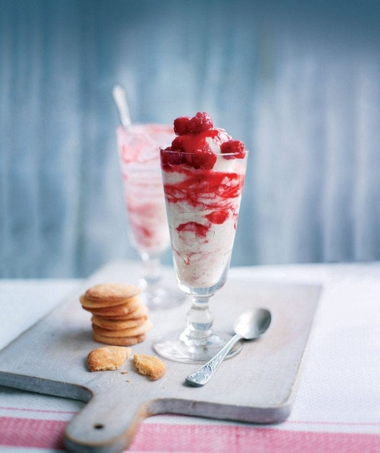 Raspberry fool sundaes with elderflower thins