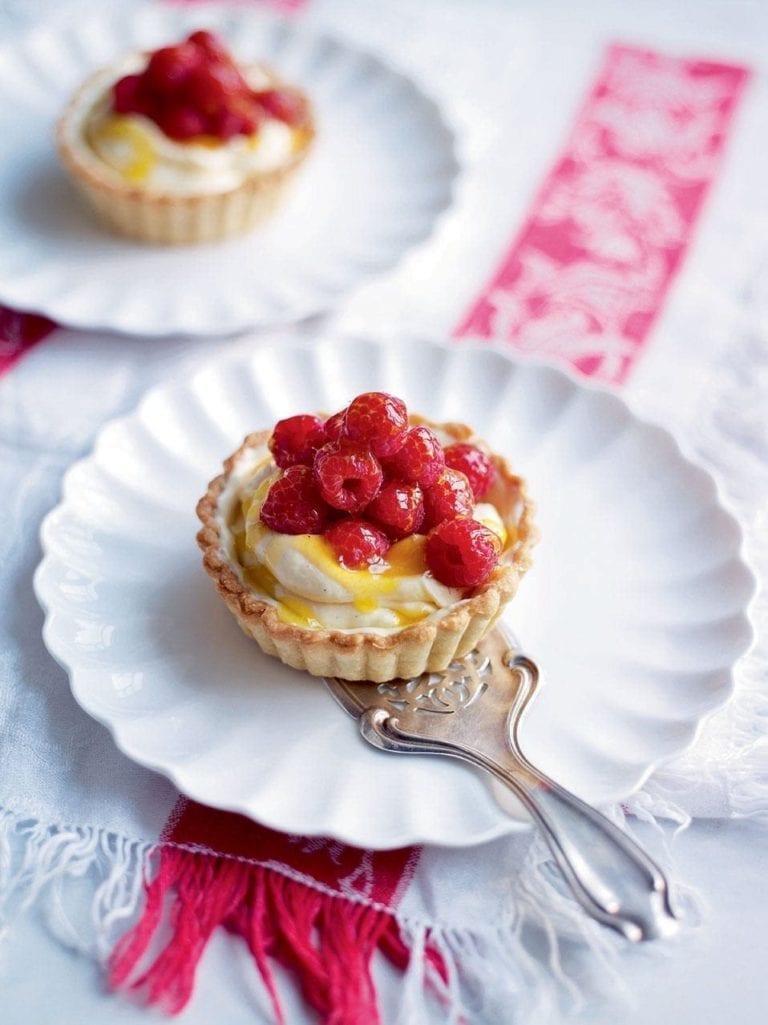 Glazed raspberry and white chocolate tarts